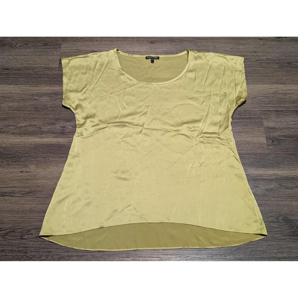 Eileen Fisher Silk‎ Spandex Olive Green High Low Short Sleeve Top Small RN78121